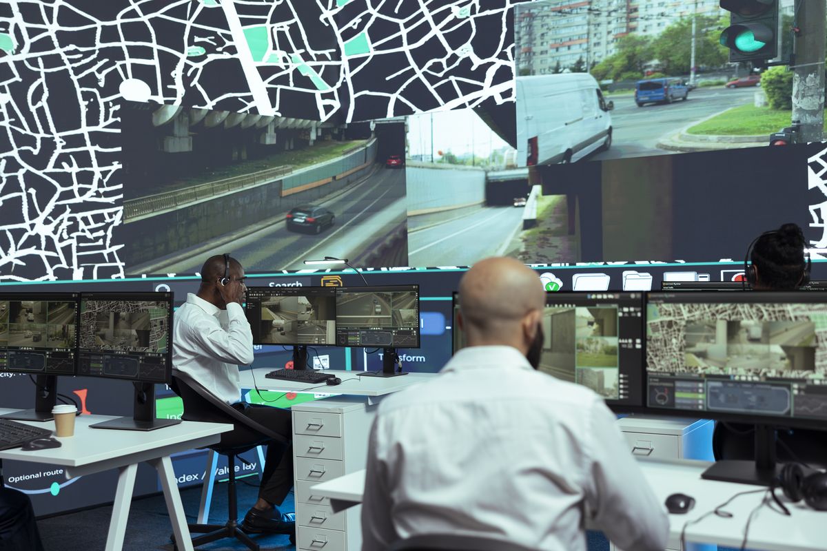 Control room operators monitoring city maps, traffic cameras and shipment tracking on large display screens