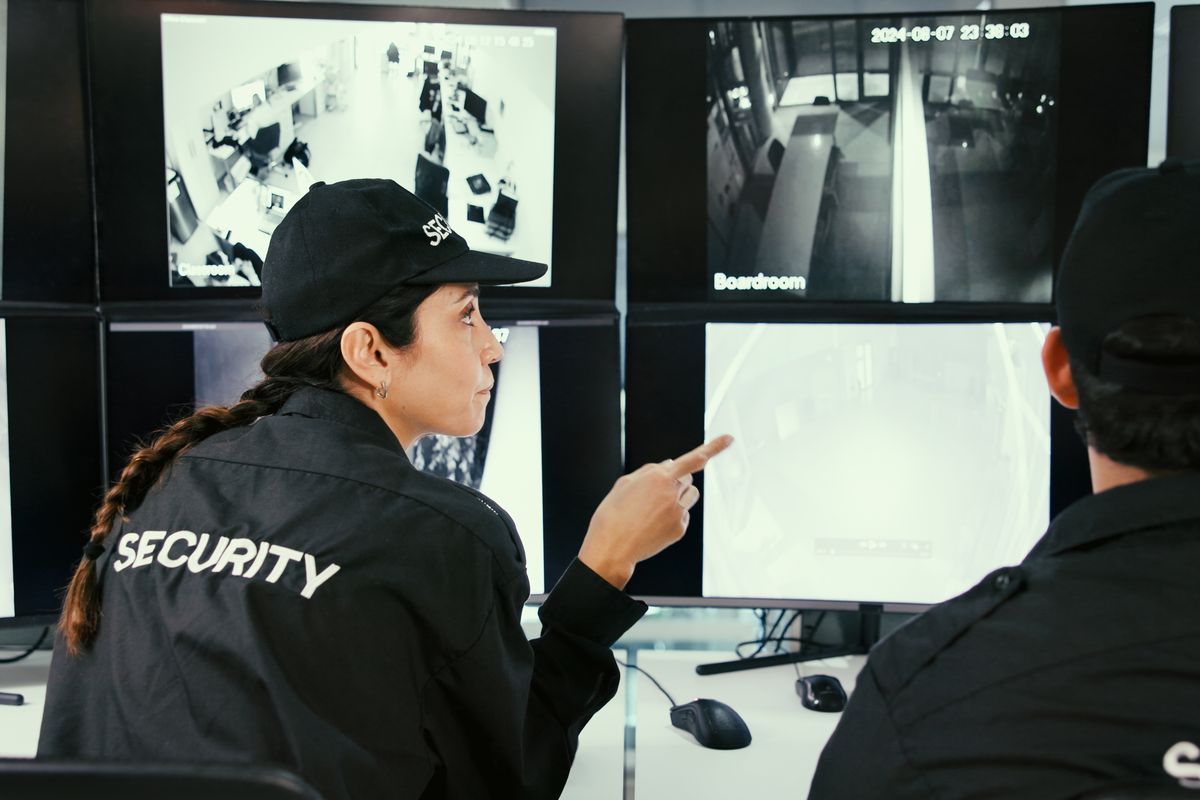 Security professionals monitoring CCTV surveillance footage on a video wall in a control room